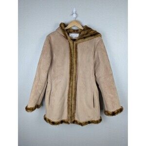 Jones New York Coat Womens Large Tan Hooded Faux Suede Faux Fur Lined Trim Mb